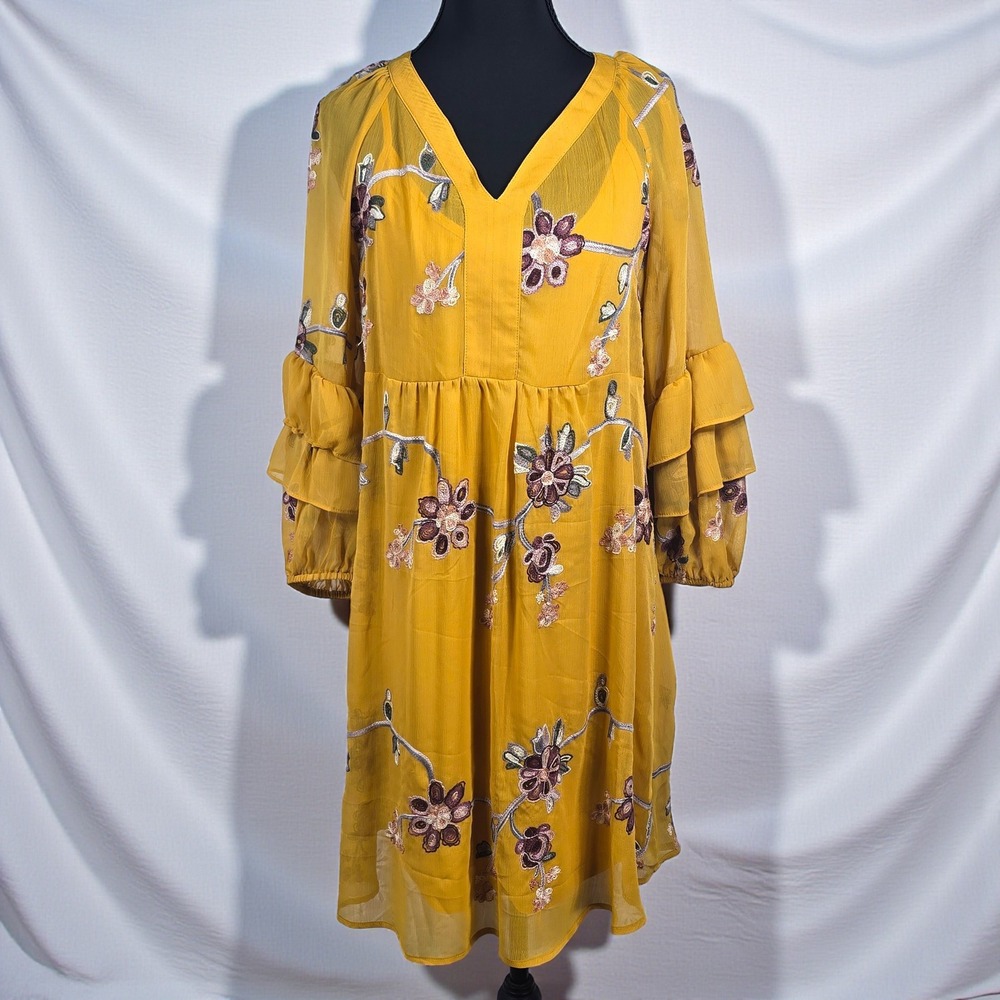 Figueroa & Flower Boho Dress Small Mustard Yellow Floral Embroidered Lined Tiers